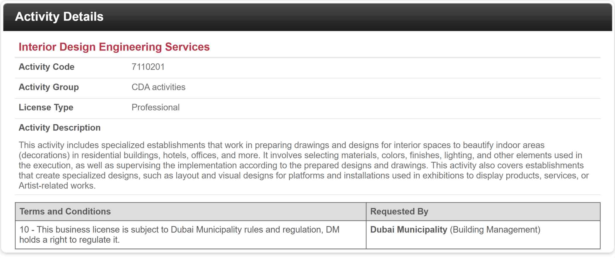 business activity code for interior design engineering services